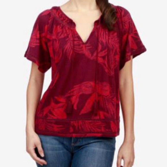 Lucky Brand Short Sleeve Floral Print Boxy Peasant Top Large - Picture 13 of 13